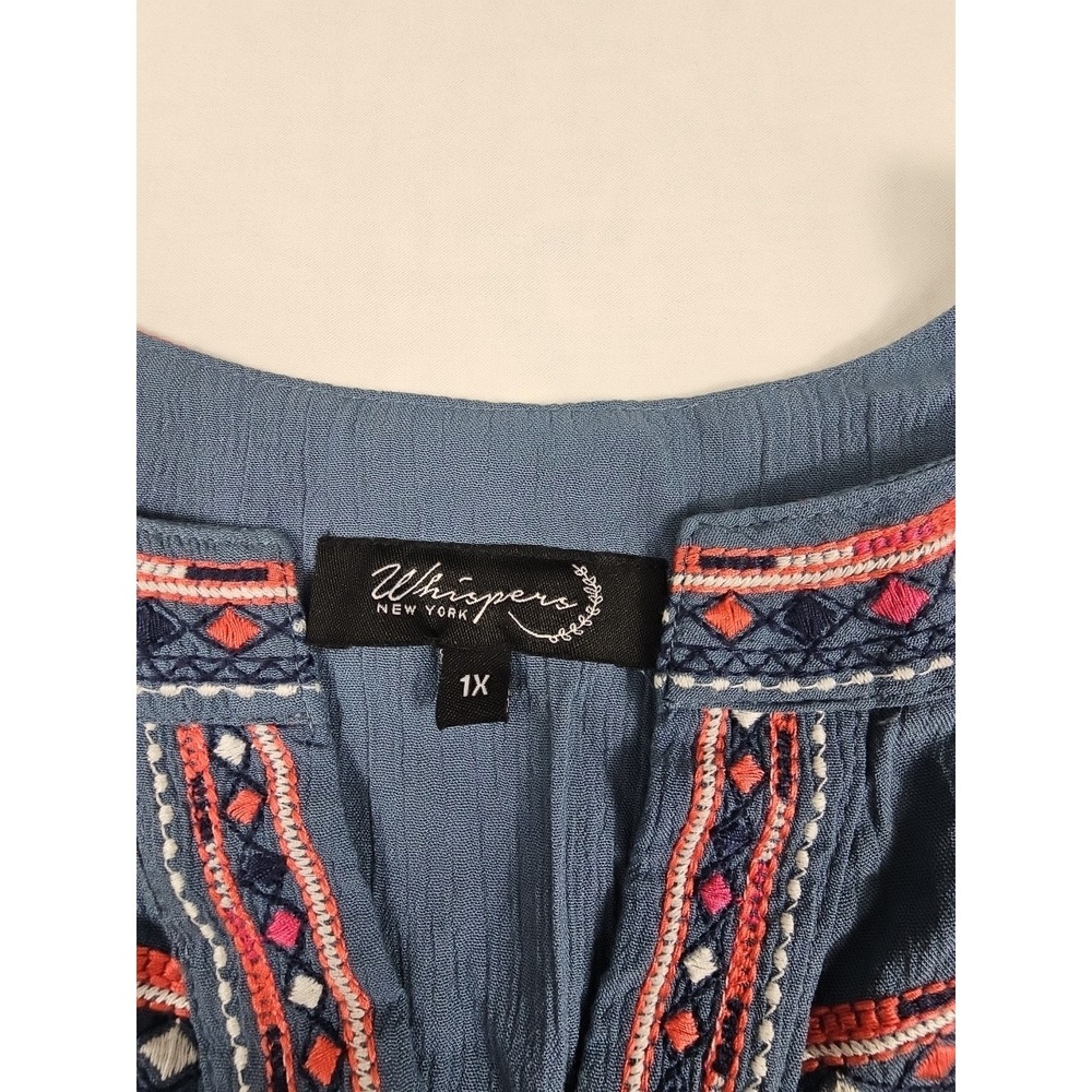 Whispers New York Women's Blue‎ Split V Neck Embroidery Blouse Top Plus Size 1X - Picture 4 of 8